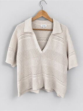 Hudson North 1X Cotton Knit Sweater Top Cream Boxy Open Knit Polo Short Sleeve